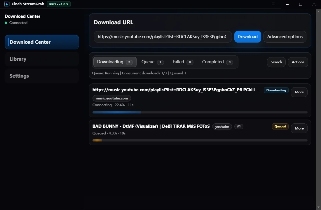 Cinch StreamGrab batch download interface